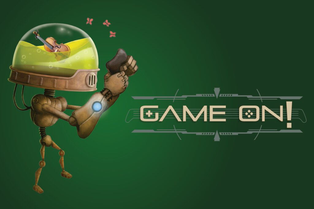 A poster for Seattle Symphony's Game ON! event. A little robot creature holds a game controller