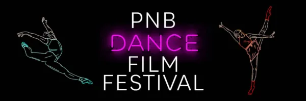 A logo for the 2023 PNB Dance Film Festival, featuring neon lettering and neon dancers