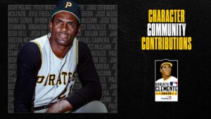 A banner honoring Roberto Clemente for Roberto Clemente Day 2023