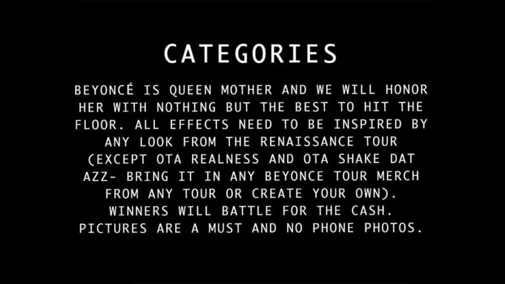 A cover photo outlining the categories for the ball, instructing people to dress like Beyonce.