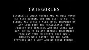 A cover photo outlining the categories for the ball, instructing people to dress like Beyonce.