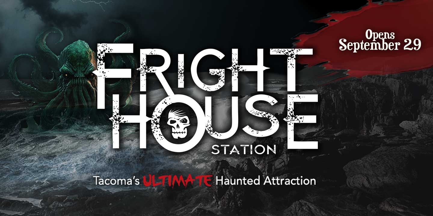 A promo image for Frighthouse Station featuring the logo and a kraken in the background.