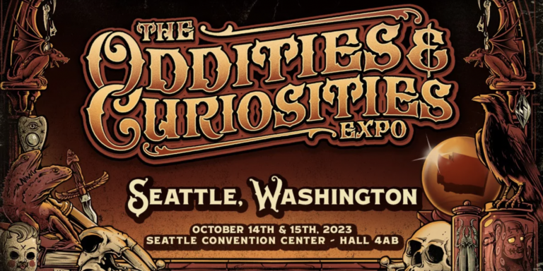 An orange-colored logo for The Oddities and Curiosities Expo in Seattle, Washington