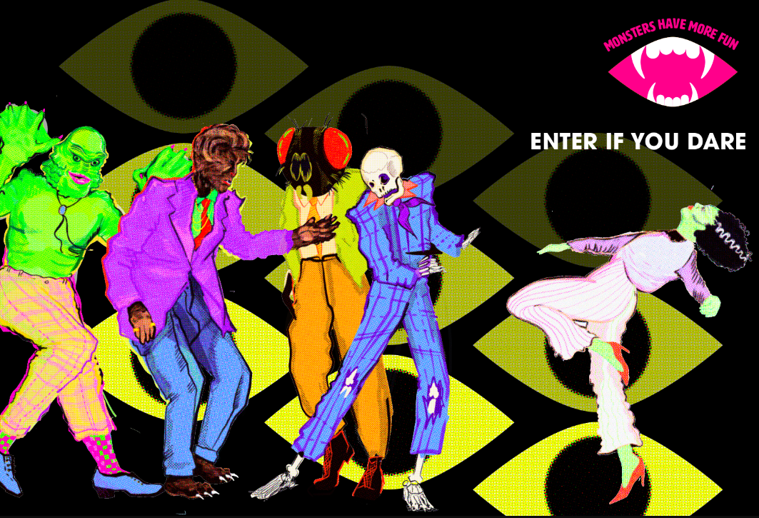 A poster featuring a bunch of groovy monsters dancing.