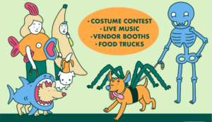 An illustration featuring a parade of costumed doggies.
