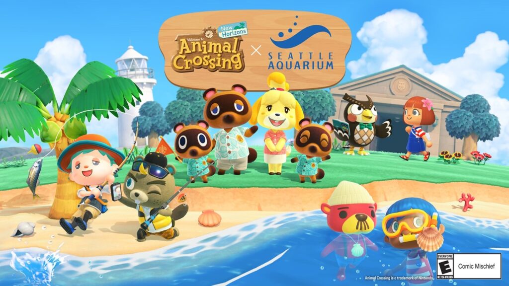 A colorful cast of characters stand on a beach and wave seashells. It's a promotional image for the upcoming Animal Crossing exhibit at the Seattle Aquarium.