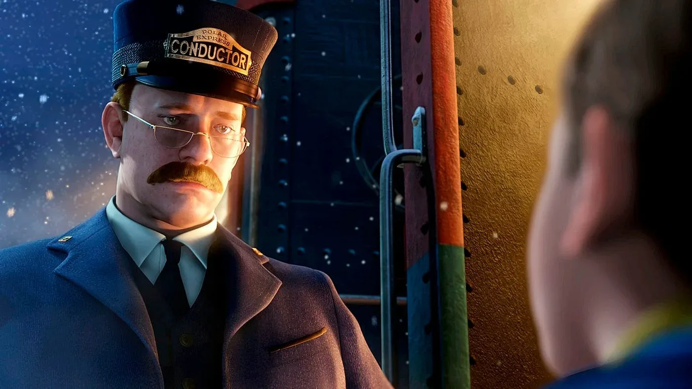 A stern animated Tom Hanks acts as a train conductor in the animated 2004 film Polar Express.