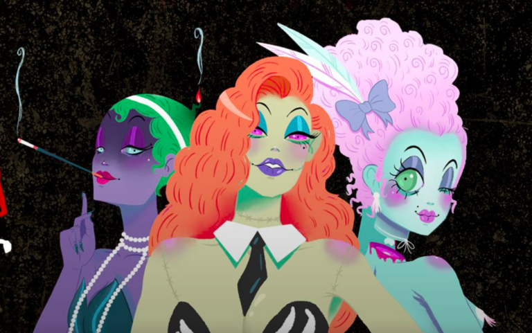 An illustrated image of three burlesque performers in spooky Halloween couture