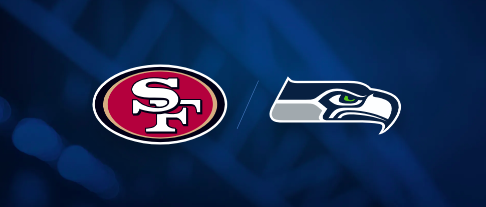 A promo image featuring the logos of the San Francisco 49s and Seattle Seahawks.