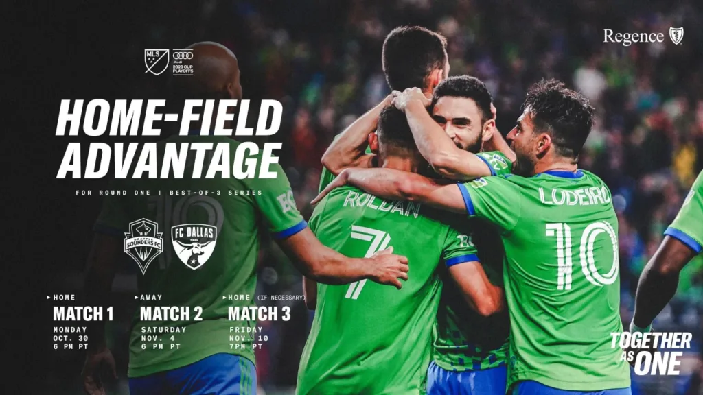 A Sounders promotional poster promoting three games against Dallas, featuring four players hugging each other after a victory.
