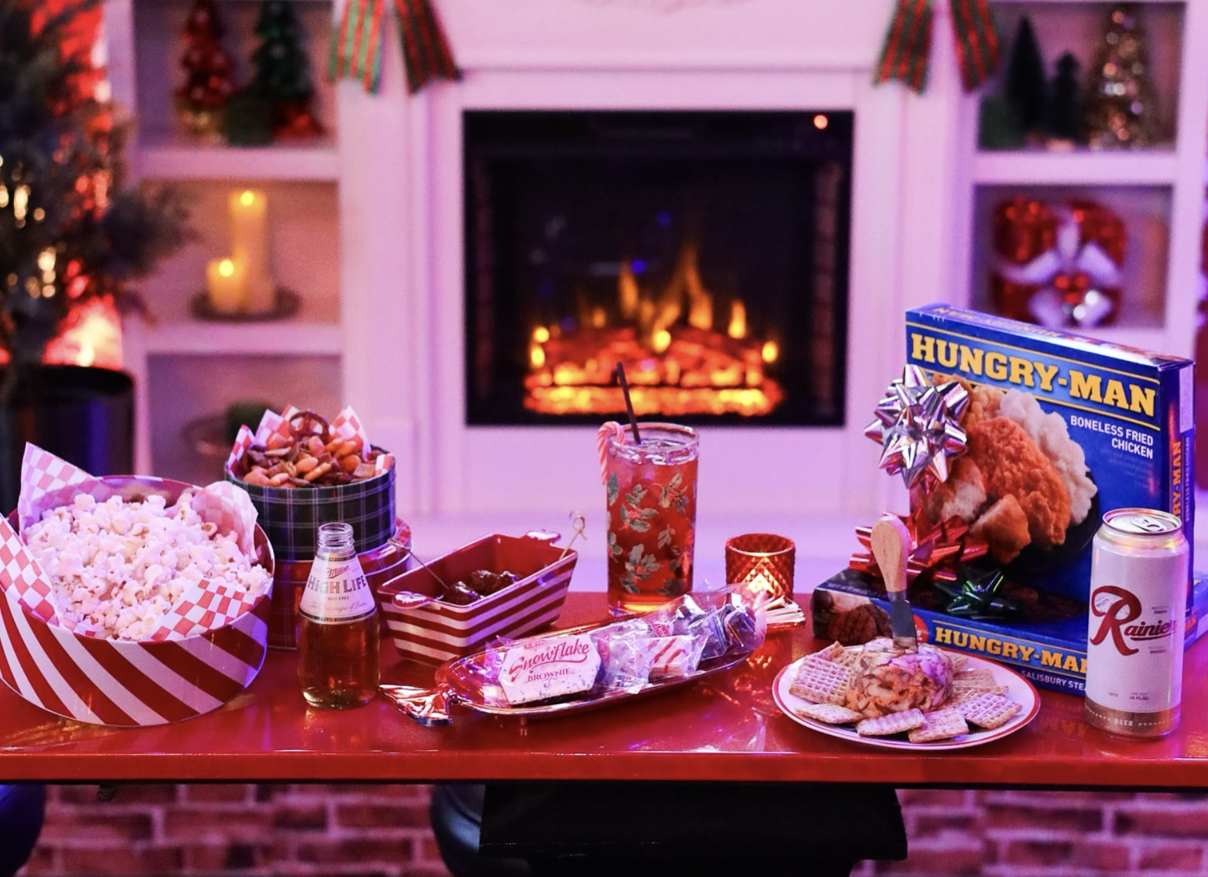 A holiday spread at A Christmas Dive Bar, including a Hungry-Man meal