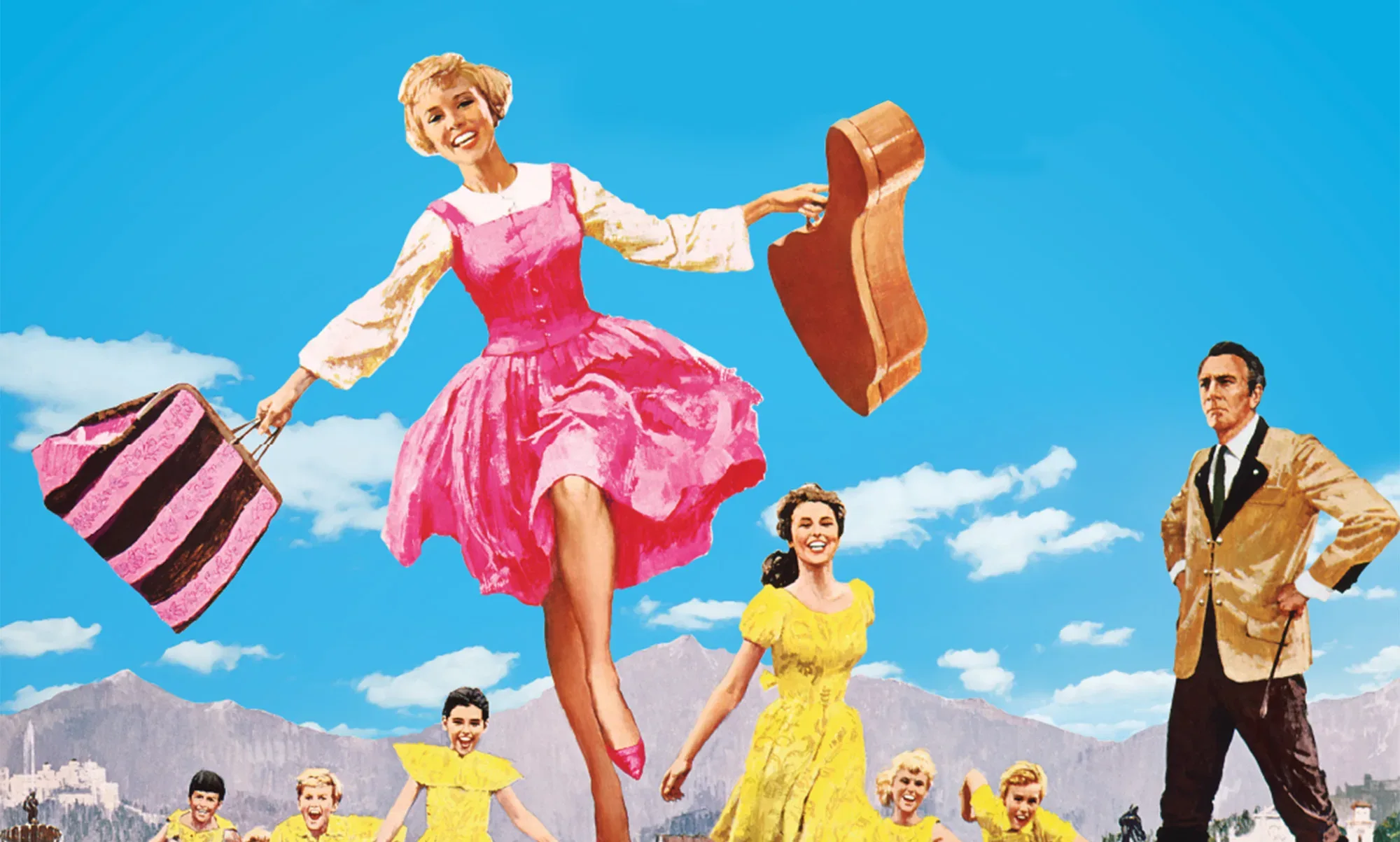 Promotional movie poster for the Sound of Music with Julie Andrews skipping through a field in a pink dress
