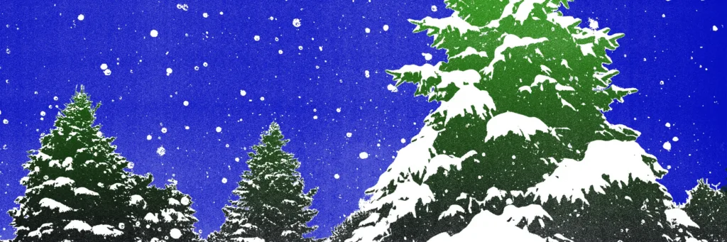 An illustrated scene of a snowy forest for Christmas in blues in greens