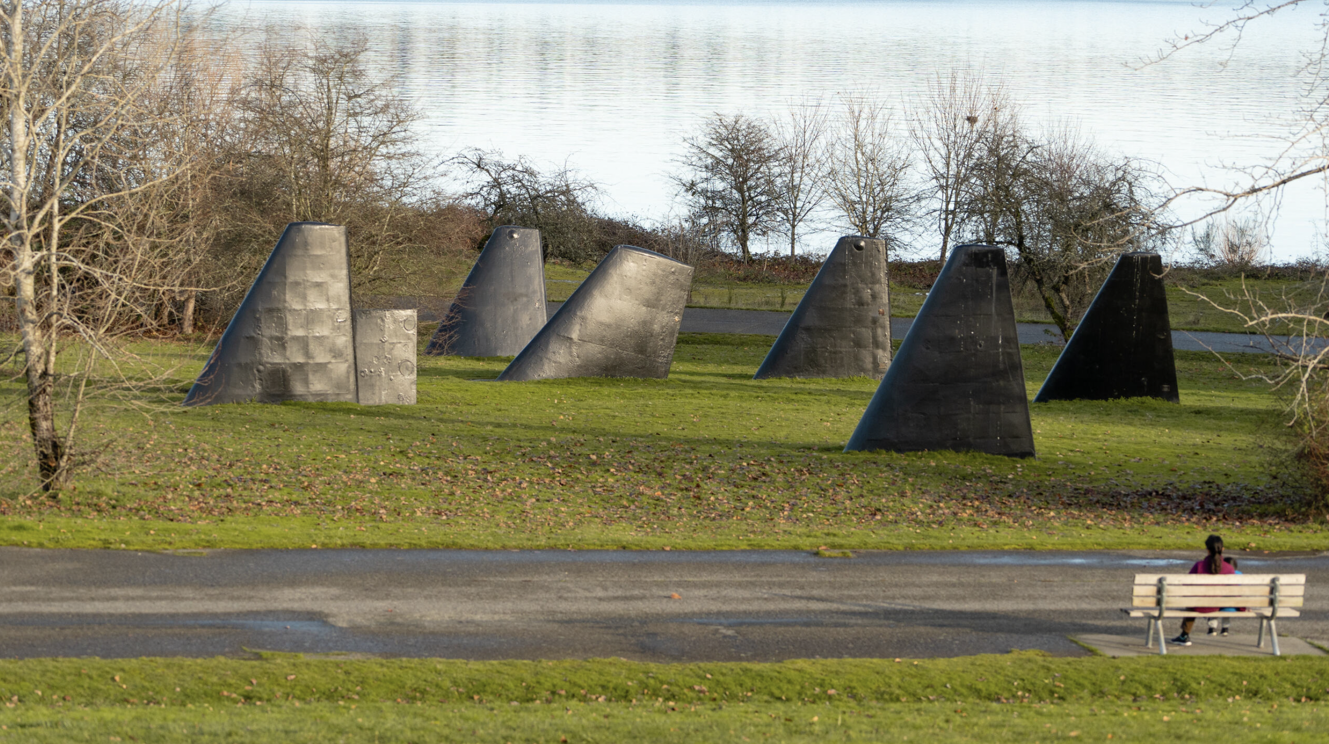 A shot of “The Fin Project: From Swords into Plowshares” by sculptor John T. Young at Magnuson Park on a winter afternoon.