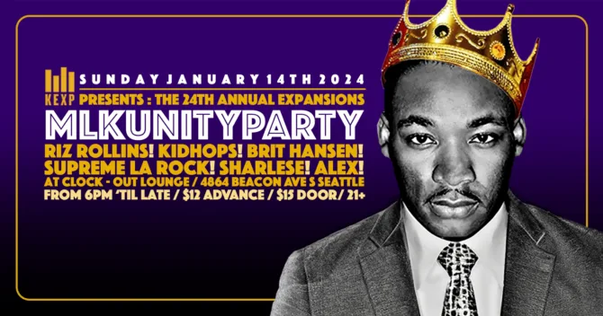A promotional image for the 24th Annual MLK Unity Party featuring an image of MLK.