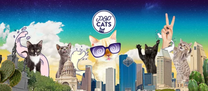 A fun illustrated montage of cats with glasses on a skyline.