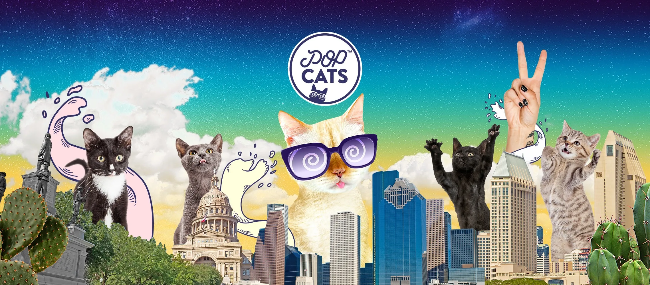 A fun illustrated montage of cats with glasses on a skyline.