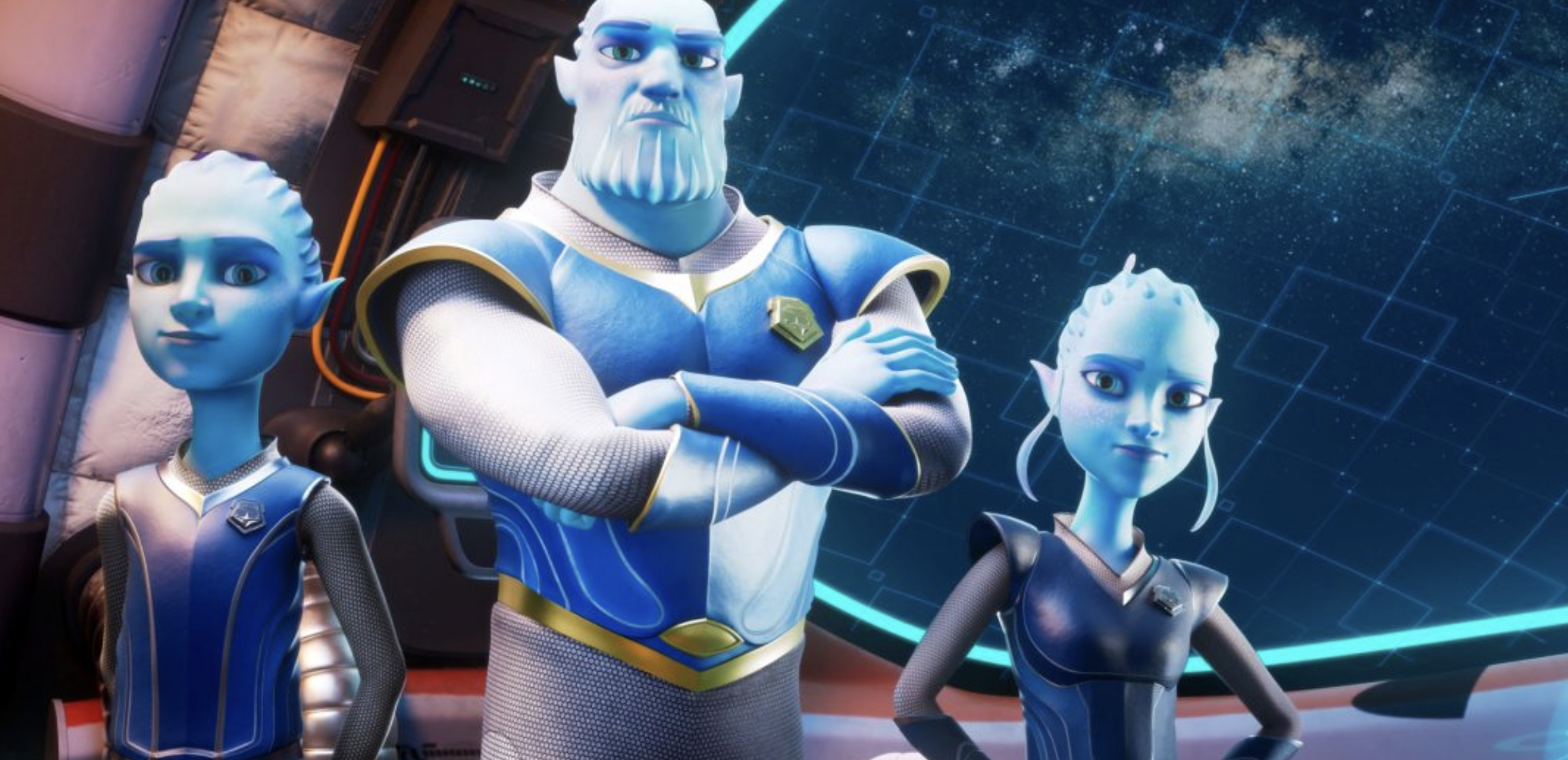 A group of blue aliens look sternly and proudly in their space uniforms
