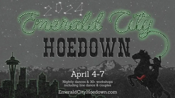 A promotional image for the Emerald City Hoedown happening April 4-7 in Seattle, Washington.