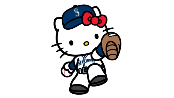 An image of Hello Kitty playing baseball in a Mariners jersey.