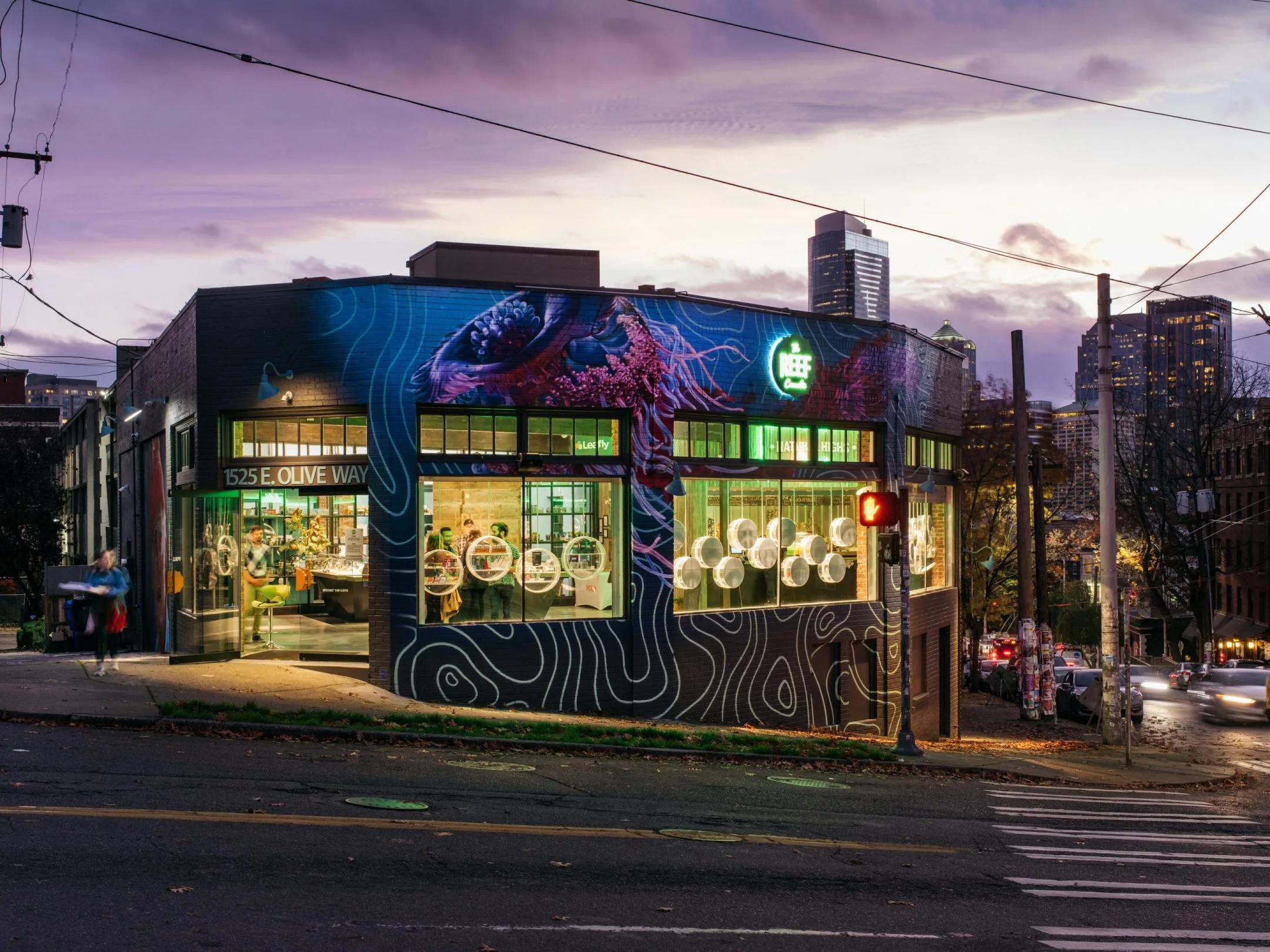 An exterior shot of The Reef, a cannabis shot in Capitol Hill, Seattle. It was designed by Olson Kundig.