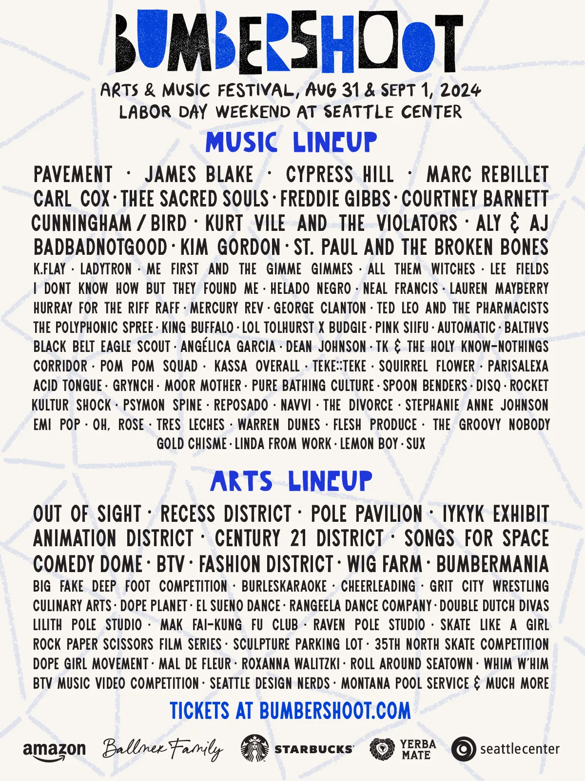 The full music lineup and arts lineup for the Bumbershoot Arts + Music Festival at the Seattle Center in Seattle, Washington, in 2024. The music lineup was announced on Tuesday, May 21st.