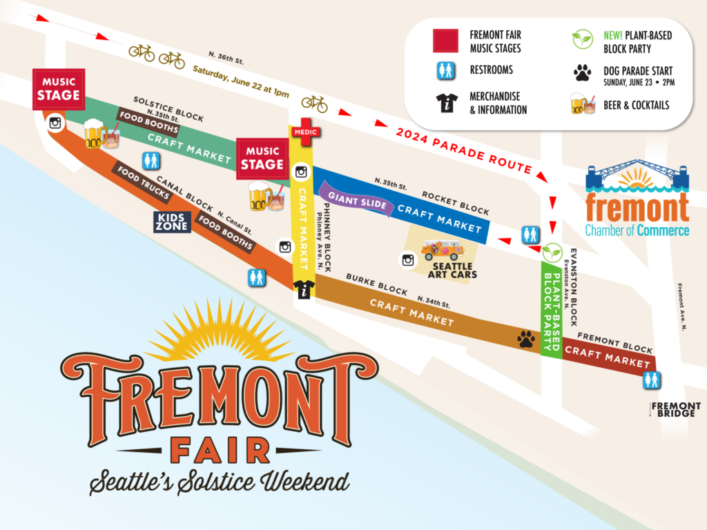 A map for the 2024 Fremont Fair in Fremont, Seattle, Washington.