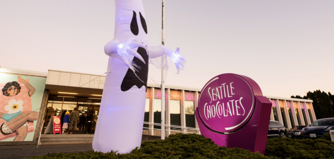 The entrance of Seattle Chocolates during the holiday times with a giant inflatable ghost in the front lawn.