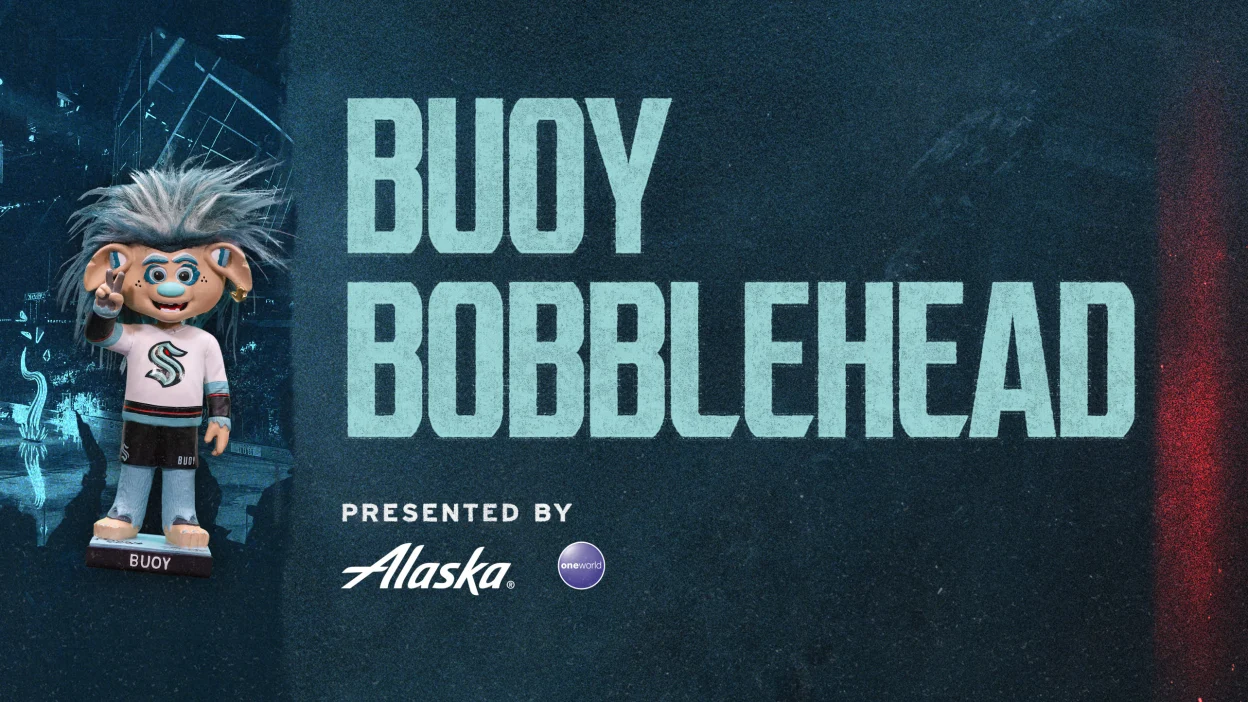 A text ad promoting the upcoming Buoy Bobblehead at the November 27th Seattle Kraken Game at Climate Pledge Arena.