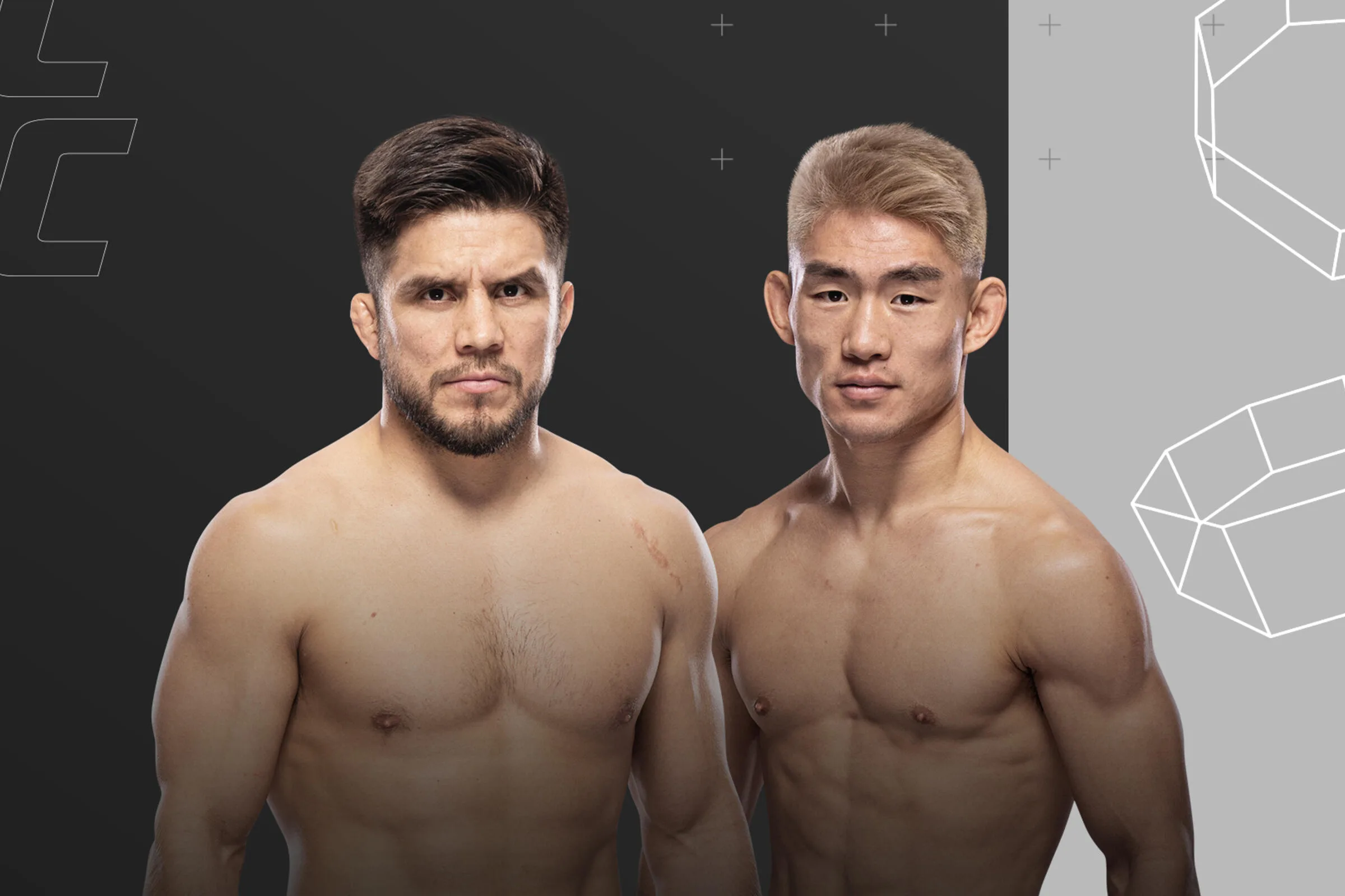 Official UFC promotional portrait showing main event fighters Henry Cejudo and Song Yadong side by side against a dark background with geometric line details. Both fighters are shirtless and posed in a traditional pre-fight stance.