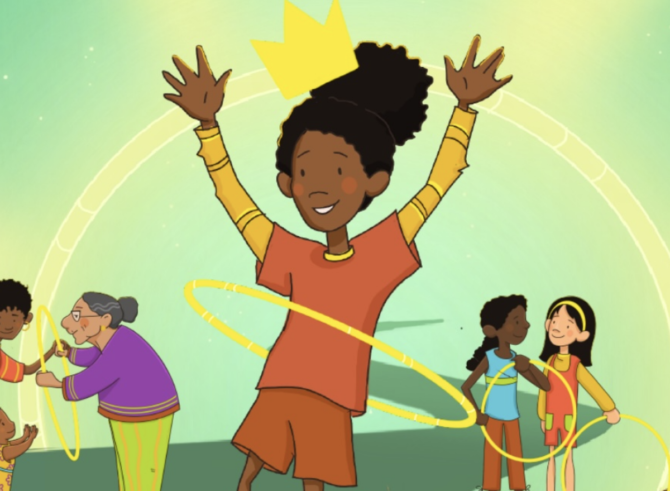 An animated illustration from The Hula Hoopin' Queen shows a joyful young girl in orange with her arms raised triumphantly, spinning a yellow hoop while wearing a crown. Other characters with hoops, including an elderly woman in purple and two young friends, surround her against a bright green background.