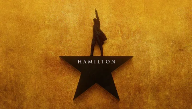 Hamilton's iconic logo shows a black silhouette of Alexander Hamilton reaching skyward while standing atop a black star, set against a textured golden background.