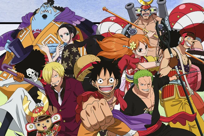 Characters from the anime One Piece all gather together and pose