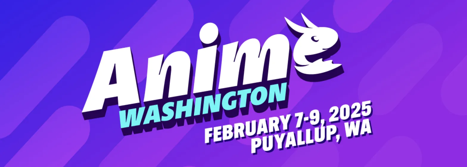 The Anime Washington logo in stylized white text on a gradient purple background, featuring a playful chibi-style mascot character.