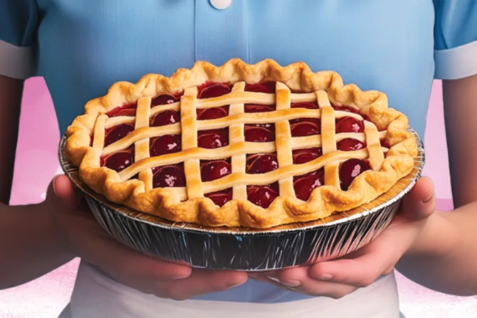 A person wearing a light blue dress holds a latticed pie