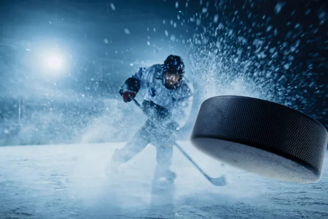 Hockey puck and player