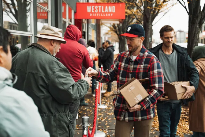 Folks in line at Westland Distillery