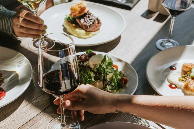 A table with food and wine