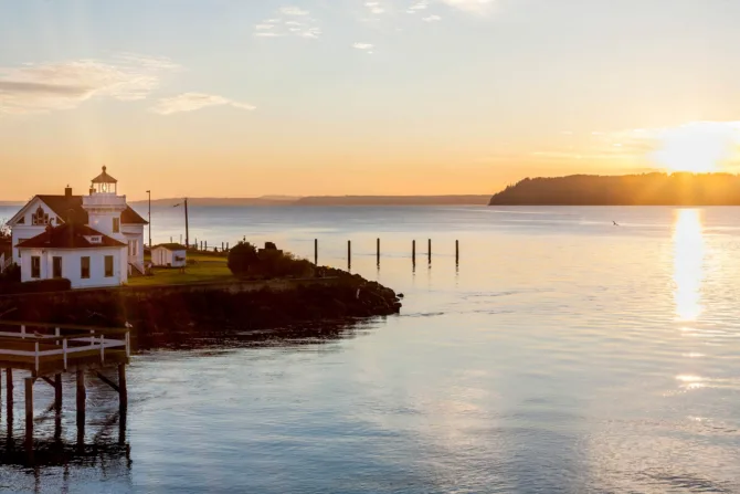 View of lighthouse and Whidbey Island