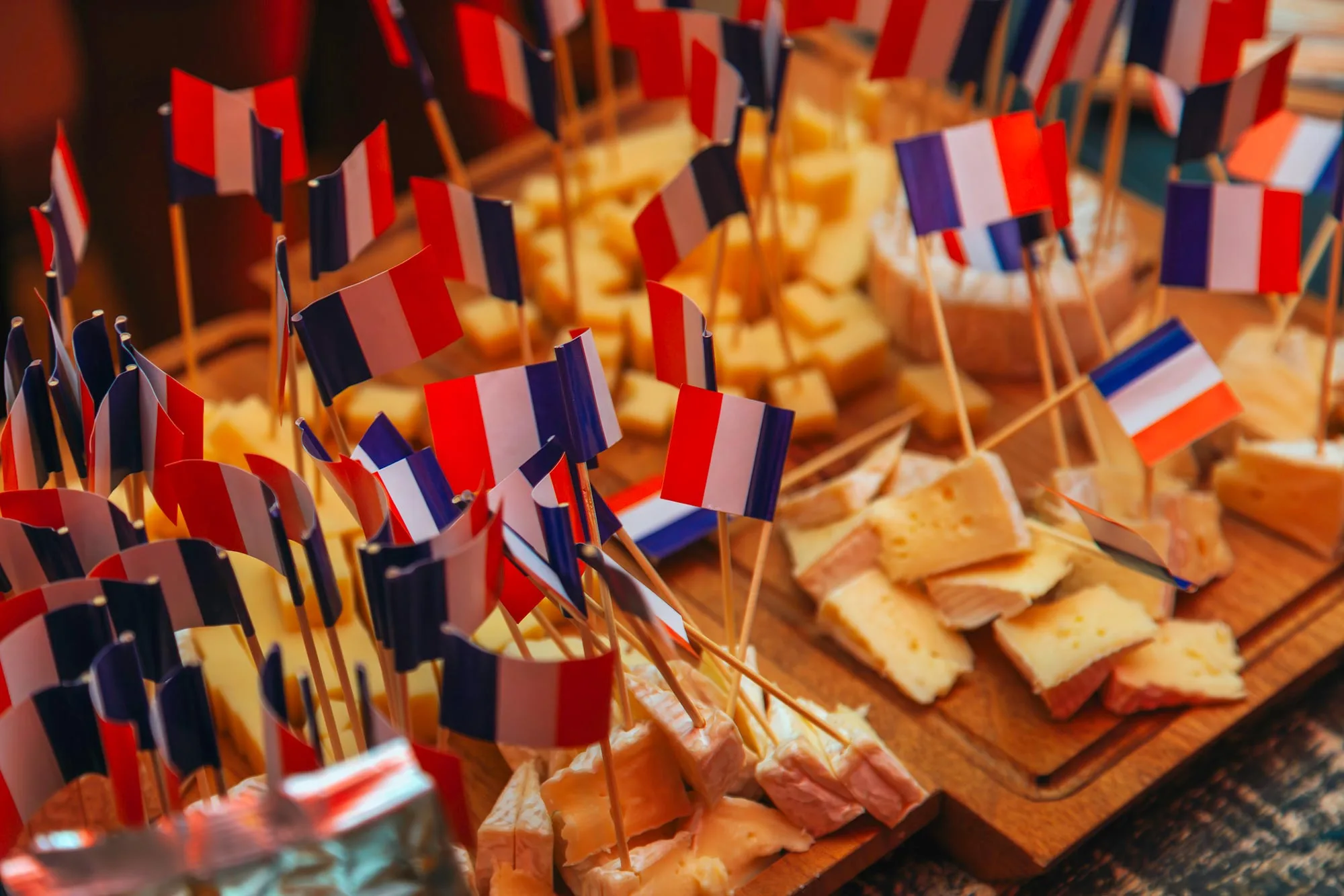 Cheese samples with French flags