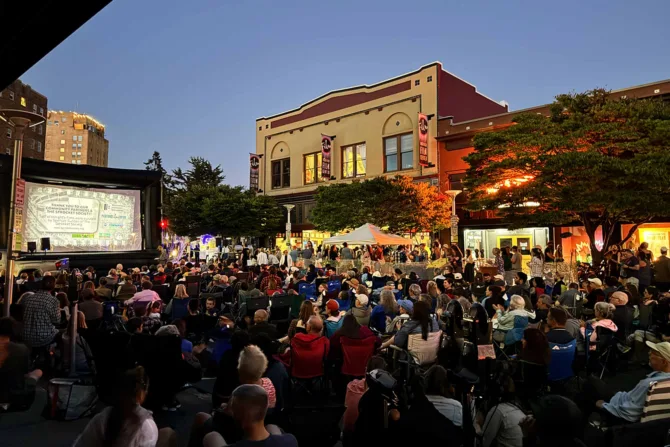 Moviegoers filled downtown Bellingham's Bay Street during the inaugural Sunset Flicks event last summer.
