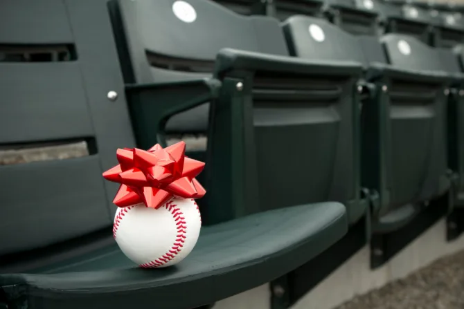 A baseball in the stands with a red bow on it