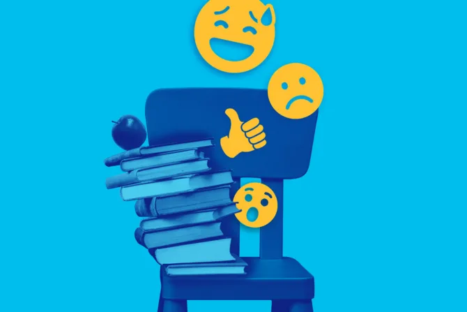 Stack of school books on a blue background