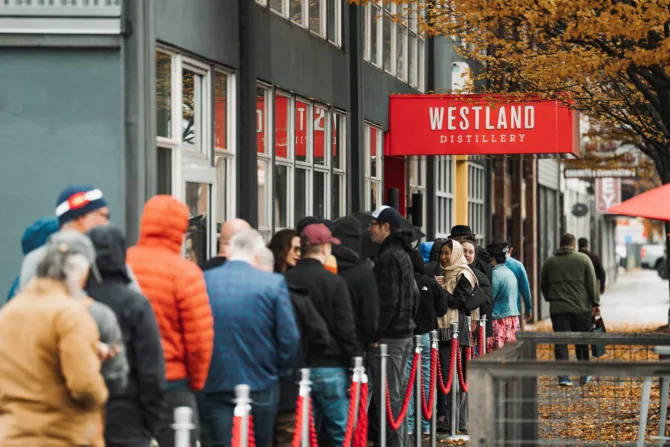 A queue of visitors at Westland Distillery's release day