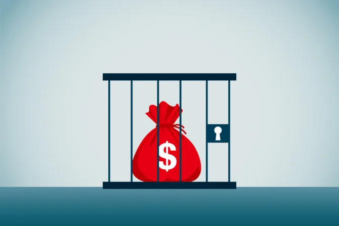 Red bag of money in a cage